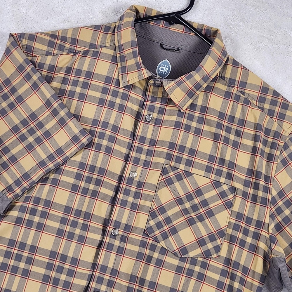 Club Ride Shirt Mens Large Beige Plaid Short Sleeve Cycling Button Up Jersey